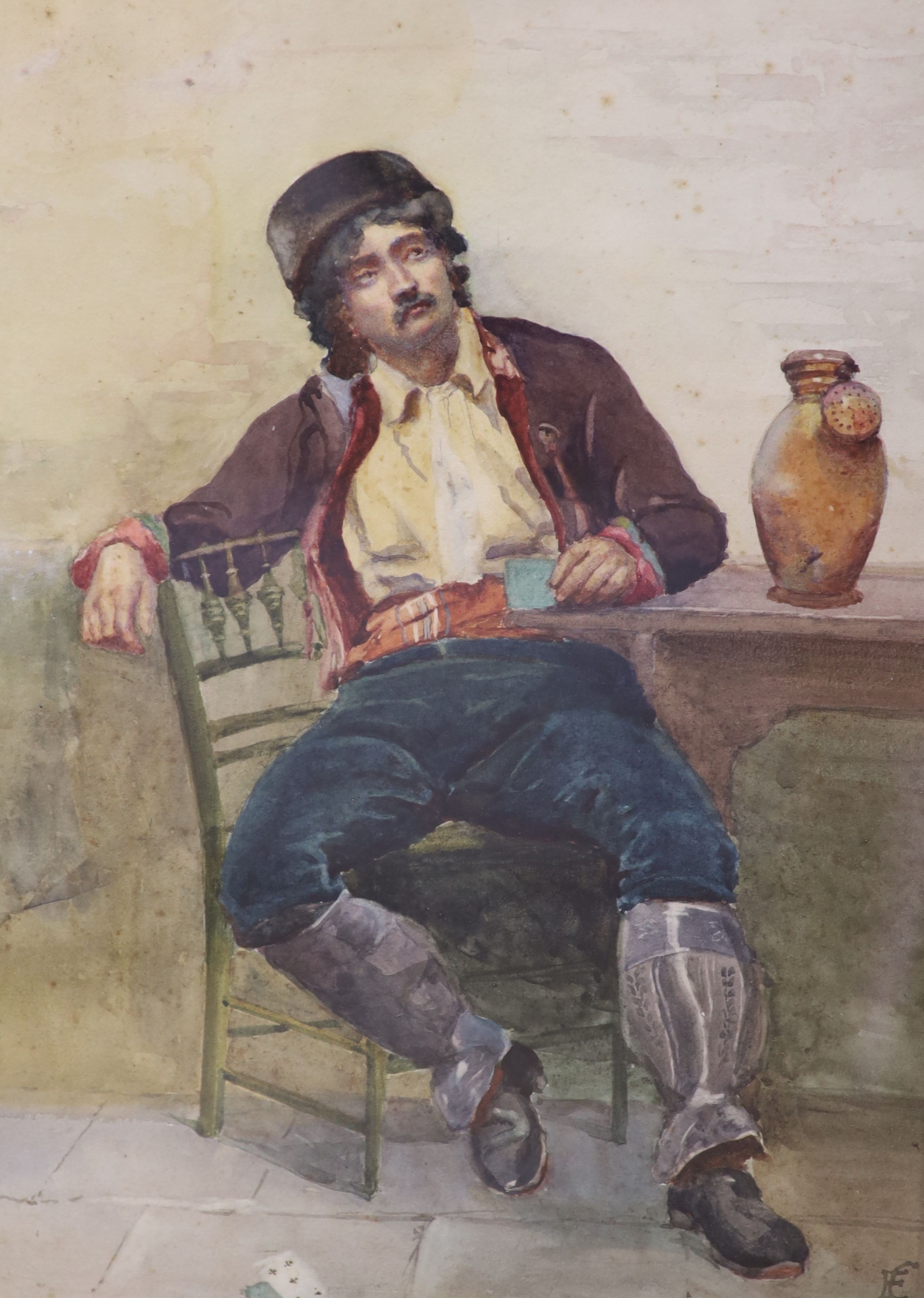 E.G. (19th C.), watercolour, Study of a seated Italian card player, monogrammed, 35 x 25cm